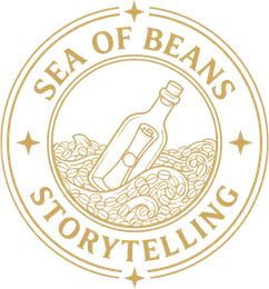 Sea of Beans emblem — a message in a bottle adrift on a wave of coffee beans